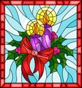 Stained glass illustration for New year and Christmas, candles, Holly branches and ribbons on a yellow background in a red frame Royalty Free Stock Photo