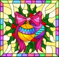 Stained glass illustration for New year and Christmas, Christmas decoration, Holly branches and ribbons on a yellow background in