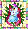 Stained glass illustration for New year and Christmas, snowman, Holly branches and ribbons on a yellow background in a bright fra