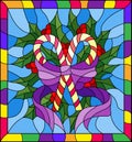 Stained glass illustration for New year and Christmas, striped candy, Holly branches and ribbons on a blue background in a bright