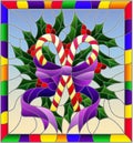 Stained glass illustration for New year and Christmas, striped candy, Holly branches and ribbons on a blue background in a bright