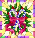 Stained glass illustration for New year and Christmas, striped candy, Holly branches and ribbons on a yellow background in a brig