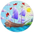 Stained glass illustration with an old ship sailing with purple sails against the sea and cloudy sky,oval image