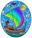 Stained glass illustration with an old ship sailing with rainbow sails against the sea,  oval image Royalty Free Stock Photo
