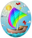 Stained glass illustration with an old ship sailing with rainbow sails against the sea,  oval image Royalty Free Stock Photo