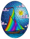 Stained glass illustration with  an old ship sailing with rainbow sails against the sea,  oval image Royalty Free Stock Photo