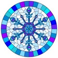 Stained glass illustration with an openwork snowflake on a blue background,round image in a bright frame