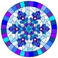 Stained glass illustration with an openwork snowflake on a blue background,round image in a bright frame