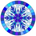 Stained glass illustration with an openwork snowflake on a blue background,round image in a bright frame