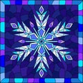 Stained glass illustration with an openwork snowflake on a blue background, square image in a bright frame