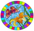 Stained glass illustration with  a orange Lily flower and a bright pink  butterfly on a blue sky background, ovql image in a brigh Royalty Free Stock Photo