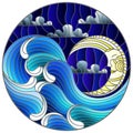 Stained glass illustration with abstract landscape sea waves on the background of sky and clouds with moon , round illustration