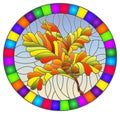 Stained glass illustration with a branch of autumn oak leaves and acorns on a blue background, oval image in bright frame Royalty Free Stock Photo