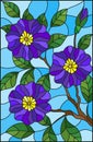 Stained glass illustration painting with a branch of flowering plants on a blue background, purple flowers, buds and leaves agai