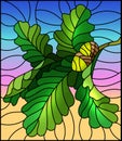 Illustration in stained glass style with a branch of oak leaves and acorns on a sky background