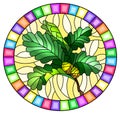 Stained glass illustration with  a branch of  oak leaves and acorns on a yellow background, oval image in bright frame Royalty Free Stock Photo