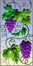 Stained glass illustration with a bunch of red grapes and leaves on a sky background,vertical image