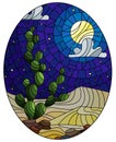 Stained glass illustration with desert landscape, cactus in a lbackground of dunes,starry night sky and moon, oval image