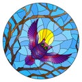 Stained glass illustration with the fabulous purple owl in the day sky and sun in between the branches of the tree, round image