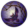 Stained glass illustration with the fabulous purple owl in the day sky and sun in between the branches of the tree, round image