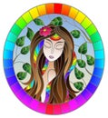 Stained glass illustration with a girl with brown hair and tree branches on background of blue sky, oval image in rainbow frame