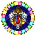 Stained glass illustration with a monkey`s head , a circular image with bright frame