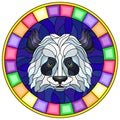 Stained glass illustration with a panda bear`s head , a circular image with bright frame