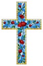 Stained glass illustration on religious themes, stained glass window in the shape of a Christian cross decorated with red roses is