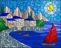 Stained glass illustration with a sailboat on the background of the Bay with city, sea and sun of the day sky Royalty Free Stock Photo