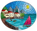 Stained glass illustration with  a sailboat on the background of the Bay with city, sea and sun of the day sky, oval image Royalty Free Stock Photo