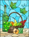 Stained glass illustration painting with a still life, a bottle of wine, and fruits in the basket on a blue background Royalty Free Stock Photo