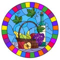 Stained glass illustration with  a still life, a bottle of wine,  and fruits on a blue background,oval image in bright frame Royalty Free Stock Photo