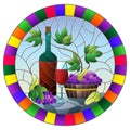Stained glass illustration with  a still life, a bottle of wine, glass and grapes on a blue background, round image in bright fram Royalty Free Stock Photo