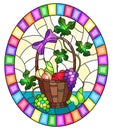 Stained glass illustration with  a still life, fruit basket,  and fruits on a yellow background, oval image in bright frame Royalty Free Stock Photo