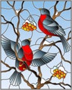 Stained glass illustration with a pair of birds bullfinches on snow-covered mountain ash branches with berries on a background of