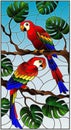 Stained glass illustration with pair of birds parakeet on branch tropical tree against the sky