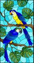 Stained glass illustration with pair of birds parakeet on branch tropical tree against the sky