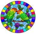 Stained glass illustration with pair of birds parrots lovebirds on branch tree with purple flowers against the sky, oval image Royalty Free Stock Photo