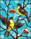Stained glass illustration with a pair of birds titmouses on snow-covered mountain ash branches with berries on a background of t Royalty Free Stock Photo