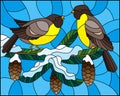 Stained glass illustration with a pair of birds titmouses on snow-covered spruce branches with cones on a background of the sky