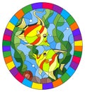 Stained glass illustration with a pair bright fishes on the background of water and algae,oval picture in a bright frame