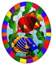 Stained glass illustration with a pair bright fishes on the background of water and algae,oval picture in a bright frame Royalty Free Stock Photo