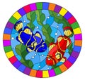 Stained glass illustration with a pair bright fishes on the background of water and algae,oval picture in a bright frame