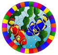 Stained glass illustration with a pair bright fishes on the background of water and algae,oval picture in a bright frame