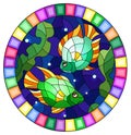 Stained glass illustration with a pair bright fishes on the background of water and algae,oval picture in a bright frame