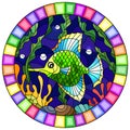 Stained glass illustration with a pair bright green fish on the background of water and algae,oval picture in a bright frame