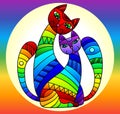 Stained glass illustration with a pair of bright rainbow cats in a circle on a rainbow background