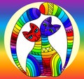 Stained glass illustration with a pair of bright rainbow cats in a circle on a rainbow background