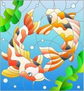 An illustration in stained glass style with a pair of carps coi on the background of water and algae Royalty Free Stock Photo