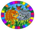 Stained glass illustration with  a pair of cute cats on a background of meadows, bright flowers and sky, oval image in bright fram Royalty Free Stock Photo